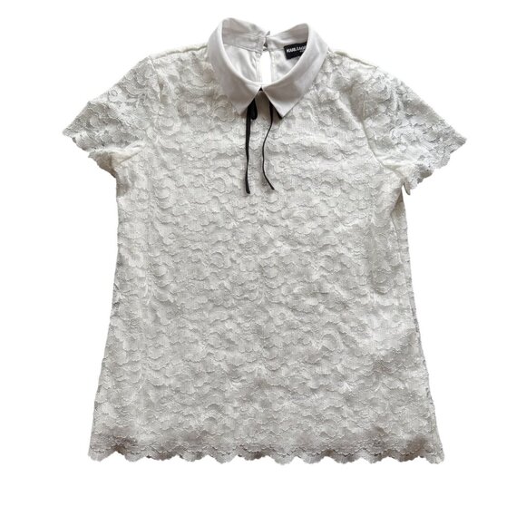 Karl Lagerfeld Paris White Lace Short Sleeve Blouse With Contrast Collar & Tie D - Picture 1 of 8